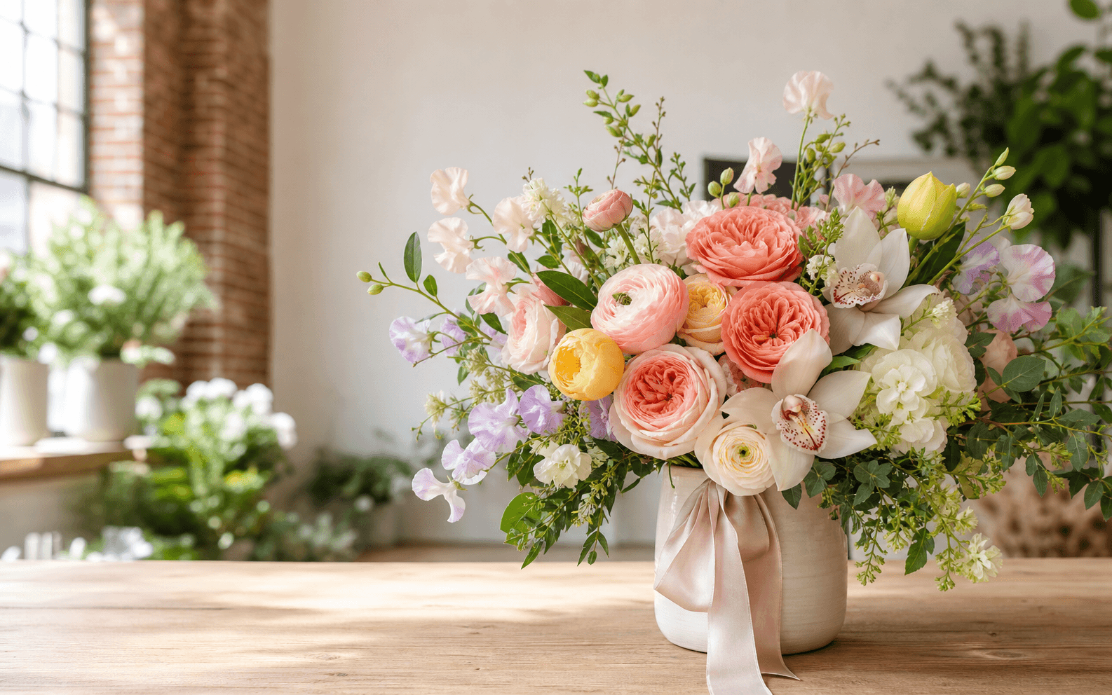 A premium hand-tied bouquet of roses, orchids, tulips, sweet peas, and greenery on a florist studio table
